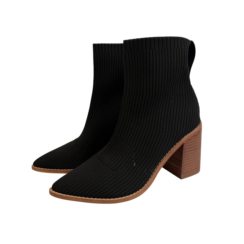 Steven New York Nichol Black Ribbed Knit Sock Bootie Pointed Toe Block Heel Sz 8